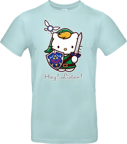 Niedliche Figur als Held mit Magischem Schild - niedliche Figur, ausgerüsteter Held, magischer Schild, Feenbegleiterin, glänzendes Schwert, Kawaii-Mashup, episches Abenteuer, Cat, legend, Hero of Time, Navi, Hey Listen, Sanrio, Ocarina, bunte Fantasie, fliegende magische Kreatur, Vektorillustration, grüner Helm, entzückender Krieger, Dreieckssymbol, Warnphrase, nostalgischer Gamer-Stil - Standard T-Shirt