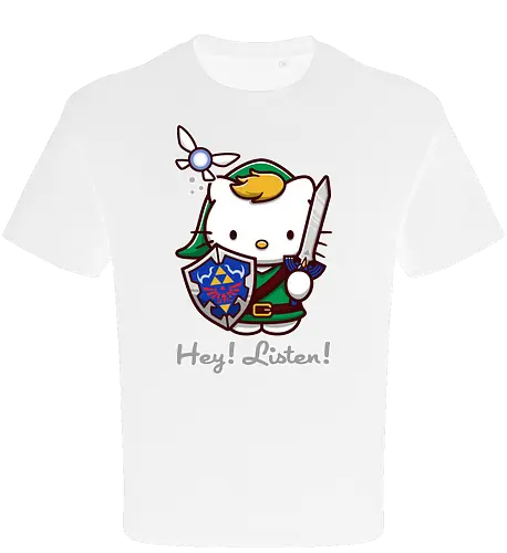 Niedliche Figur als Held mit Magischem Schild - niedliche Figur, ausgerüsteter Held, magischer Schild, Feenbegleiterin, glänzendes Schwert, Kawaii-Mashup, episches Abenteuer, Cat, legend, Hero of Time, Navi, Hey Listen, Sanrio, Ocarina, bunte Fantasie, fliegende magische Kreatur, Vektorillustration, grüner Helm, entzückender Krieger, Dreieckssymbol, Warnphrase, nostalgischer Gamer-Stil - Oversize T-Shirt
