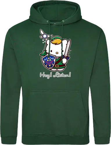 Niedliche Figur als Held mit Magischem Schild - niedliche Figur, ausgerüsteter Held, magischer Schild, Feenbegleiterin, glänzendes Schwert, Kawaii-Mashup, episches Abenteuer, Cat, legend, Hero of Time, Navi, Hey Listen, Sanrio, Ocarina, bunte Fantasie, fliegende magische Kreatur, Vektorillustration, grüner Helm, entzückender Krieger, Dreieckssymbol, Warnphrase, nostalgischer Gamer-Stil - Standard Hoodie