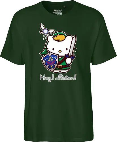 Niedliche Figur als Held mit Magischem Schild - niedliche Figur, ausgerüsteter Held, magischer Schild, Feenbegleiterin, glänzendes Schwert, Kawaii-Mashup, episches Abenteuer, Cat, legend, Hero of Time, Navi, Hey Listen, Sanrio, Ocarina, bunte Fantasie, fliegende magische Kreatur, Vektorillustration, grüner Helm, entzückender Krieger, Dreieckssymbol, Warnphrase, nostalgischer Gamer-Stil - Fairtrade T-Shirt