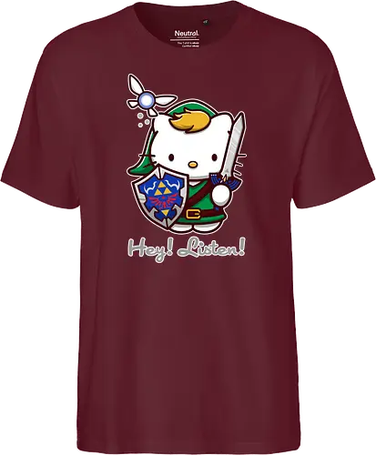 Niedliche Figur als Held mit Magischem Schild - niedliche Figur, ausgerüsteter Held, magischer Schild, Feenbegleiterin, glänzendes Schwert, Kawaii-Mashup, episches Abenteuer, Cat, legend, Hero of Time, Navi, Hey Listen, Sanrio, Ocarina, bunte Fantasie, fliegende magische Kreatur, Vektorillustration, grüner Helm, entzückender Krieger, Dreieckssymbol, Warnphrase, nostalgischer Gamer-Stil - Fairtrade T-Shirt