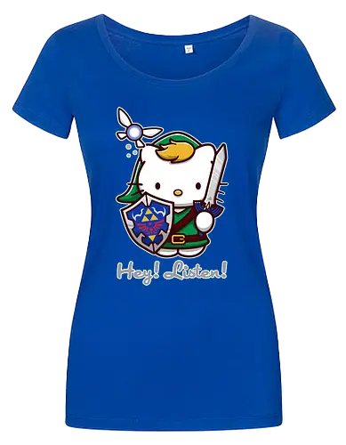 Niedliche Figur als Held mit Magischem Schild - niedliche Figur, ausgerüsteter Held, magischer Schild, Feenbegleiterin, glänzendes Schwert, Kawaii-Mashup, episches Abenteuer, Cat, legend, Hero of Time, Navi, Hey Listen, Sanrio, Ocarina, bunte Fantasie, fliegende magische Kreatur, Vektorillustration, grüner Helm, entzückender Krieger, Dreieckssymbol, Warnphrase, nostalgischer Gamer-Stil - Damen T-Shirt