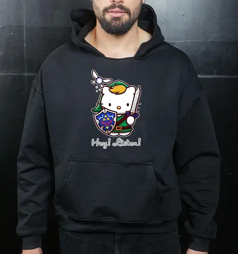 Niedliche Figur als Held mit Magischem Schild - niedliche Figur, ausgerüsteter Held, magischer Schild, Feenbegleiterin, glänzendes Schwert, Kawaii-Mashup, episches Abenteuer, Cat, legend, Hero of Time, Navi, Hey Listen, Sanrio, Ocarina, bunte Fantasie, fliegende magische Kreatur, Vektorillustration, grüner Helm, entzückender Krieger, Dreieckssymbol, Warnphrase, nostalgischer Gamer-Stil - Cropped Hoodie
