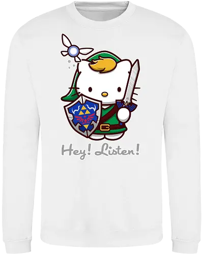 Niedliche Figur als Held mit Magischem Schild - niedliche Figur, ausgerüsteter Held, magischer Schild, Feenbegleiterin, glänzendes Schwert, Kawaii-Mashup, episches Abenteuer, Cat, legend, Hero of Time, Navi, Hey Listen, Sanrio, Ocarina, bunte Fantasie, fliegende magische Kreatur, Vektorillustration, grüner Helm, entzückender Krieger, Dreieckssymbol, Warnphrase, nostalgischer Gamer-Stil - Sweatshirt