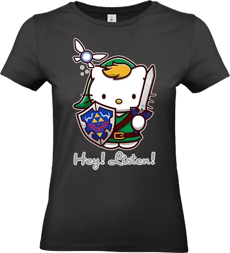Niedliche Figur als Held mit Magischem Schild - niedliche Figur, ausgerüsteter Held, magischer Schild, Feenbegleiterin, glänzendes Schwert, Kawaii-Mashup, episches Abenteuer, Cat, legend, Hero of Time, Navi, Hey Listen, Sanrio, Ocarina, bunte Fantasie, fliegende magische Kreatur, Vektorillustration, grüner Helm, entzückender Krieger, Dreieckssymbol, Warnphrase, nostalgischer Gamer-Stil - Standard T-Shirt (Frauen)