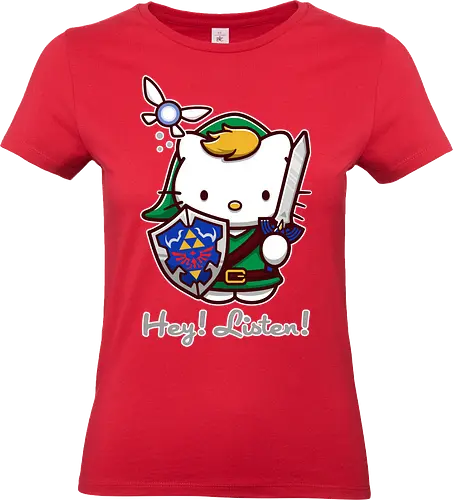 Niedliche Figur als Held mit Magischem Schild - niedliche Figur, ausgerüsteter Held, magischer Schild, Feenbegleiterin, glänzendes Schwert, Kawaii-Mashup, episches Abenteuer, Cat, legend, Hero of Time, Navi, Hey Listen, Sanrio, Ocarina, bunte Fantasie, fliegende magische Kreatur, Vektorillustration, grüner Helm, entzückender Krieger, Dreieckssymbol, Warnphrase, nostalgischer Gamer-Stil - Standard T-Shirt (Frauen)