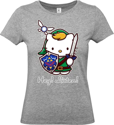 Niedliche Figur als Held mit Magischem Schild - niedliche Figur, ausgerüsteter Held, magischer Schild, Feenbegleiterin, glänzendes Schwert, Kawaii-Mashup, episches Abenteuer, Cat, legend, Hero of Time, Navi, Hey Listen, Sanrio, Ocarina, bunte Fantasie, fliegende magische Kreatur, Vektorillustration, grüner Helm, entzückender Krieger, Dreieckssymbol, Warnphrase, nostalgischer Gamer-Stil - Standard T-Shirt (Frauen)