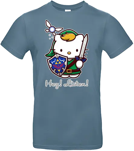 Niedliche Figur als Held mit Magischem Schild - niedliche Figur, ausgerüsteter Held, magischer Schild, Feenbegleiterin, glänzendes Schwert, Kawaii-Mashup, episches Abenteuer, Cat, legend, Hero of Time, Navi, Hey Listen, Sanrio, Ocarina, bunte Fantasie, fliegende magische Kreatur, Vektorillustration, grüner Helm, entzückender Krieger, Dreieckssymbol, Warnphrase, nostalgischer Gamer-Stil - Standard T-Shirt