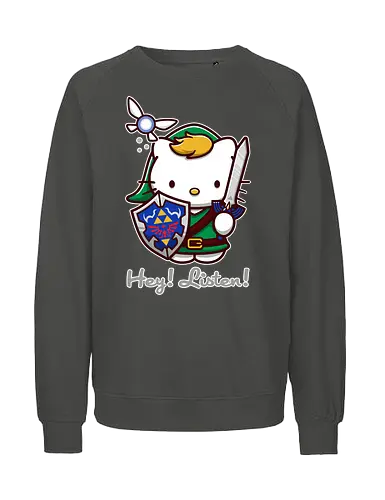 Niedliche Figur als Held mit Magischem Schild - niedliche Figur, ausgerüsteter Held, magischer Schild, Feenbegleiterin, glänzendes Schwert, Kawaii-Mashup, episches Abenteuer, Cat, legend, Hero of Time, Navi, Hey Listen, Sanrio, Ocarina, bunte Fantasie, fliegende magische Kreatur, Vektorillustration, grüner Helm, entzückender Krieger, Dreieckssymbol, Warnphrase, nostalgischer Gamer-Stil - Fairtrade Sweatshirt