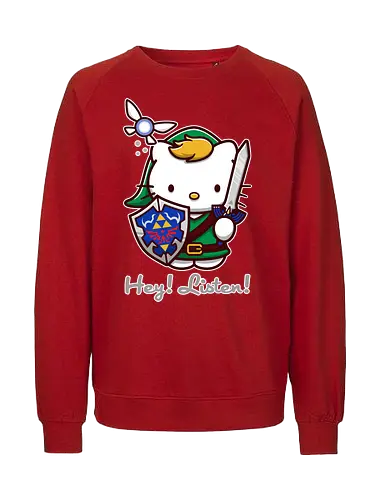 Niedliche Figur als Held mit Magischem Schild - niedliche Figur, ausgerüsteter Held, magischer Schild, Feenbegleiterin, glänzendes Schwert, Kawaii-Mashup, episches Abenteuer, Cat, legend, Hero of Time, Navi, Hey Listen, Sanrio, Ocarina, bunte Fantasie, fliegende magische Kreatur, Vektorillustration, grüner Helm, entzückender Krieger, Dreieckssymbol, Warnphrase, nostalgischer Gamer-Stil - Fairtrade Sweatshirt