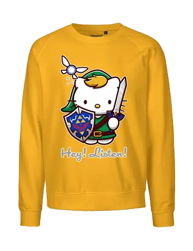 Niedliche Figur als Held mit Magischem Schild - niedliche Figur, ausgerüsteter Held, magischer Schild, Feenbegleiterin, glänzendes Schwert, Kawaii-Mashup, episches Abenteuer, Cat, legend, Hero of Time, Navi, Hey Listen, Sanrio, Ocarina, bunte Fantasie, fliegende magische Kreatur, Vektorillustration, grüner Helm, entzückender Krieger, Dreieckssymbol, Warnphrase, nostalgischer Gamer-Stil - Fairtrade Sweatshirt