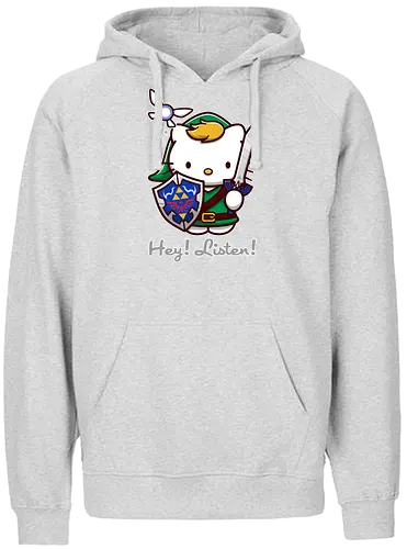 Niedliche Figur als Held mit Magischem Schild - niedliche Figur, ausgerüsteter Held, magischer Schild, Feenbegleiterin, glänzendes Schwert, Kawaii-Mashup, episches Abenteuer, Cat, legend, Hero of Time, Navi, Hey Listen, Sanrio, Ocarina, bunte Fantasie, fliegende magische Kreatur, Vektorillustration, grüner Helm, entzückender Krieger, Dreieckssymbol, Warnphrase, nostalgischer Gamer-Stil - Fairtrade Hoodie