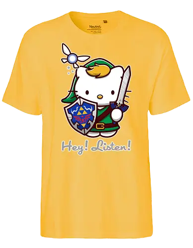 Niedliche Figur als Held mit Magischem Schild - niedliche Figur, ausgerüsteter Held, magischer Schild, Feenbegleiterin, glänzendes Schwert, Kawaii-Mashup, episches Abenteuer, Cat, legend, Hero of Time, Navi, Hey Listen, Sanrio, Ocarina, bunte Fantasie, fliegende magische Kreatur, Vektorillustration, grüner Helm, entzückender Krieger, Dreieckssymbol, Warnphrase, nostalgischer Gamer-Stil - Fairtrade T-Shirt