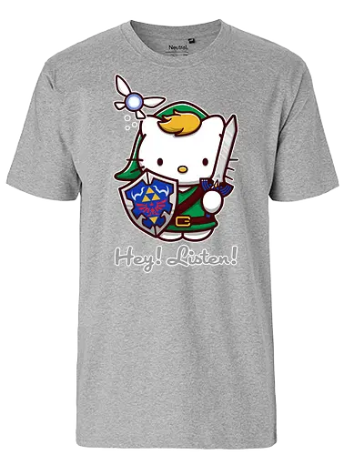 Niedliche Figur als Held mit Magischem Schild - niedliche Figur, ausgerüsteter Held, magischer Schild, Feenbegleiterin, glänzendes Schwert, Kawaii-Mashup, episches Abenteuer, Cat, legend, Hero of Time, Navi, Hey Listen, Sanrio, Ocarina, bunte Fantasie, fliegende magische Kreatur, Vektorillustration, grüner Helm, entzückender Krieger, Dreieckssymbol, Warnphrase, nostalgischer Gamer-Stil - Fairtrade T-Shirt