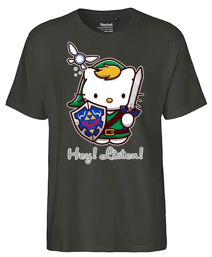 Niedliche Figur als Held mit Magischem Schild - niedliche Figur, ausgerüsteter Held, magischer Schild, Feenbegleiterin, glänzendes Schwert, Kawaii-Mashup, episches Abenteuer, Cat, legend, Hero of Time, Navi, Hey Listen, Sanrio, Ocarina, bunte Fantasie, fliegende magische Kreatur, Vektorillustration, grüner Helm, entzückender Krieger, Dreieckssymbol, Warnphrase, nostalgischer Gamer-Stil - Fairtrade T-Shirt