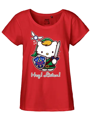 Niedliche Figur als Held mit Magischem Schild - niedliche Figur, ausgerüsteter Held, magischer Schild, Feenbegleiterin, glänzendes Schwert, Kawaii-Mashup, episches Abenteuer, Cat, legend, Hero of Time, Navi, Hey Listen, Sanrio, Ocarina, bunte Fantasie, fliegende magische Kreatur, Vektorillustration, grüner Helm, entzückender Krieger, Dreieckssymbol, Warnphrase, nostalgischer Gamer-Stil - Fairtrade Girl Shirt