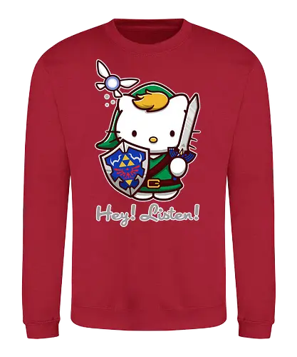 Niedliche Figur als Held mit Magischem Schild - niedliche Figur, ausgerüsteter Held, magischer Schild, Feenbegleiterin, glänzendes Schwert, Kawaii-Mashup, episches Abenteuer, Cat, legend, Hero of Time, Navi, Hey Listen, Sanrio, Ocarina, bunte Fantasie, fliegende magische Kreatur, Vektorillustration, grüner Helm, entzückender Krieger, Dreieckssymbol, Warnphrase, nostalgischer Gamer-Stil - Sweatshirt