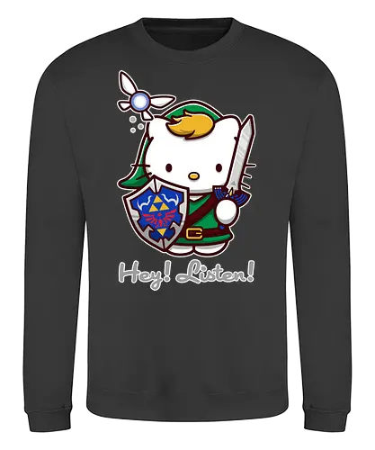 Niedliche Figur als Held mit Magischem Schild - niedliche Figur, ausgerüsteter Held, magischer Schild, Feenbegleiterin, glänzendes Schwert, Kawaii-Mashup, episches Abenteuer, Cat, legend, Hero of Time, Navi, Hey Listen, Sanrio, Ocarina, bunte Fantasie, fliegende magische Kreatur, Vektorillustration, grüner Helm, entzückender Krieger, Dreieckssymbol, Warnphrase, nostalgischer Gamer-Stil - Sweatshirt