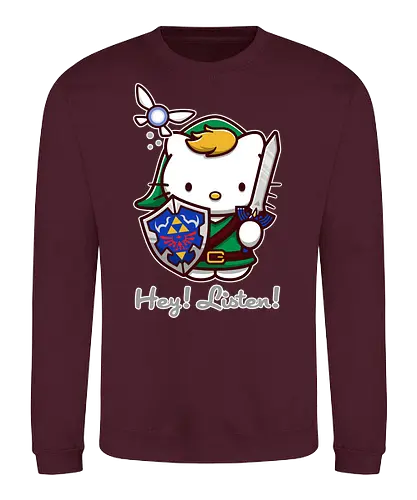 Niedliche Figur als Held mit Magischem Schild - niedliche Figur, ausgerüsteter Held, magischer Schild, Feenbegleiterin, glänzendes Schwert, Kawaii-Mashup, episches Abenteuer, Cat, legend, Hero of Time, Navi, Hey Listen, Sanrio, Ocarina, bunte Fantasie, fliegende magische Kreatur, Vektorillustration, grüner Helm, entzückender Krieger, Dreieckssymbol, Warnphrase, nostalgischer Gamer-Stil - Sweatshirt