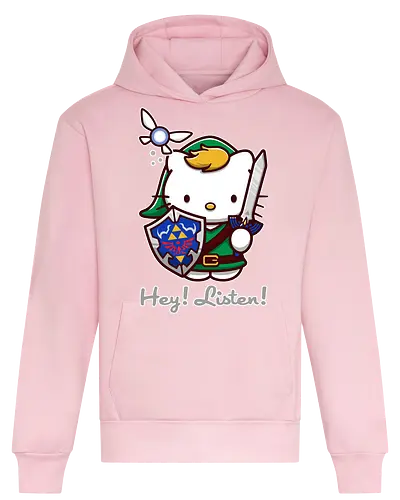 Niedliche Figur als Held mit Magischem Schild - niedliche Figur, ausgerüsteter Held, magischer Schild, Feenbegleiterin, glänzendes Schwert, Kawaii-Mashup, episches Abenteuer, Cat, legend, Hero of Time, Navi, Hey Listen, Sanrio, Ocarina, bunte Fantasie, fliegende magische Kreatur, Vektorillustration, grüner Helm, entzückender Krieger, Dreieckssymbol, Warnphrase, nostalgischer Gamer-Stil - Heavyweight Hoodie
