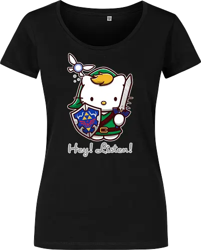 Niedliche Figur als Held mit Magischem Schild - niedliche Figur, ausgerüsteter Held, magischer Schild, Feenbegleiterin, glänzendes Schwert, Kawaii-Mashup, episches Abenteuer, Cat, legend, Hero of Time, Navi, Hey Listen, Sanrio, Ocarina, bunte Fantasie, fliegende magische Kreatur, Vektorillustration, grüner Helm, entzückender Krieger, Dreieckssymbol, Warnphrase, nostalgischer Gamer-Stil - Damen T-Shirt