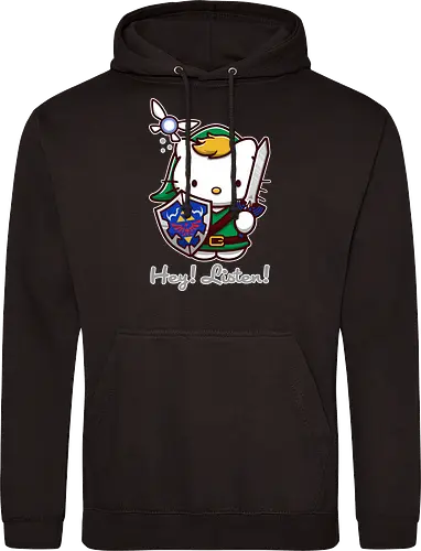 Niedliche Figur als Held mit Magischem Schild - niedliche Figur, ausgerüsteter Held, magischer Schild, Feenbegleiterin, glänzendes Schwert, Kawaii-Mashup, episches Abenteuer, Cat, legend, Hero of Time, Navi, Hey Listen, Sanrio, Ocarina, bunte Fantasie, fliegende magische Kreatur, Vektorillustration, grüner Helm, entzückender Krieger, Dreieckssymbol, Warnphrase, nostalgischer Gamer-Stil - Standard Hoodie