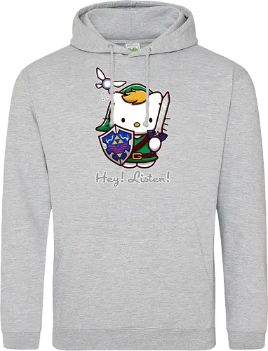 Niedliche Figur als Held mit Magischem Schild - niedliche Figur, ausgerüsteter Held, magischer Schild, Feenbegleiterin, glänzendes Schwert, Kawaii-Mashup, episches Abenteuer, Cat, legend, Hero of Time, Navi, Hey Listen, Sanrio, Ocarina, bunte Fantasie, fliegende magische Kreatur, Vektorillustration, grüner Helm, entzückender Krieger, Dreieckssymbol, Warnphrase, nostalgischer Gamer-Stil - Standard Hoodie