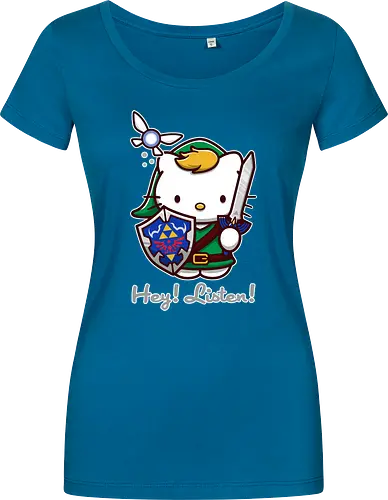 Niedliche Figur als Held mit Magischem Schild - niedliche Figur, ausgerüsteter Held, magischer Schild, Feenbegleiterin, glänzendes Schwert, Kawaii-Mashup, episches Abenteuer, Cat, legend, Hero of Time, Navi, Hey Listen, Sanrio, Ocarina, bunte Fantasie, fliegende magische Kreatur, Vektorillustration, grüner Helm, entzückender Krieger, Dreieckssymbol, Warnphrase, nostalgischer Gamer-Stil - Damen T-Shirt