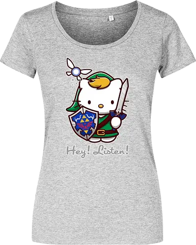 Niedliche Figur als Held mit Magischem Schild - niedliche Figur, ausgerüsteter Held, magischer Schild, Feenbegleiterin, glänzendes Schwert, Kawaii-Mashup, episches Abenteuer, Cat, legend, Hero of Time, Navi, Hey Listen, Sanrio, Ocarina, bunte Fantasie, fliegende magische Kreatur, Vektorillustration, grüner Helm, entzückender Krieger, Dreieckssymbol, Warnphrase, nostalgischer Gamer-Stil - Damen T-Shirt