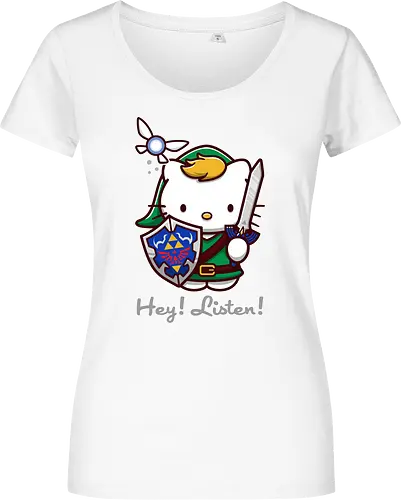 Niedliche Figur als Held mit Magischem Schild - niedliche Figur, ausgerüsteter Held, magischer Schild, Feenbegleiterin, glänzendes Schwert, Kawaii-Mashup, episches Abenteuer, Cat, legend, Hero of Time, Navi, Hey Listen, Sanrio, Ocarina, bunte Fantasie, fliegende magische Kreatur, Vektorillustration, grüner Helm, entzückender Krieger, Dreieckssymbol, Warnphrase, nostalgischer Gamer-Stil - Damen T-Shirt