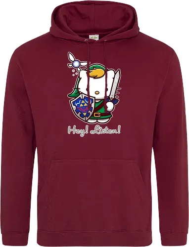 Niedliche Figur als Held mit Magischem Schild - niedliche Figur, ausgerüsteter Held, magischer Schild, Feenbegleiterin, glänzendes Schwert, Kawaii-Mashup, episches Abenteuer, Cat, legend, Hero of Time, Navi, Hey Listen, Sanrio, Ocarina, bunte Fantasie, fliegende magische Kreatur, Vektorillustration, grüner Helm, entzückender Krieger, Dreieckssymbol, Warnphrase, nostalgischer Gamer-Stil - Standard Hoodie