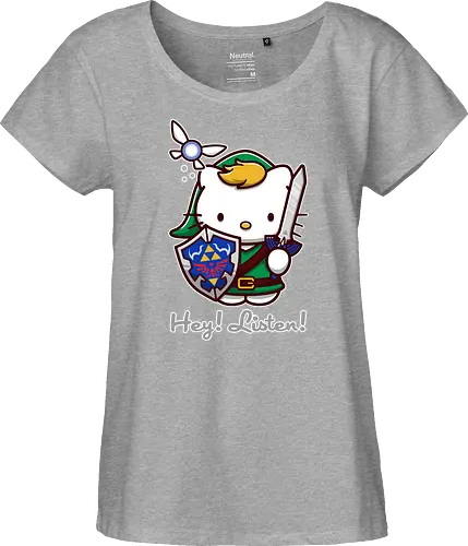 Niedliche Figur als Held mit Magischem Schild - niedliche Figur, ausgerüsteter Held, magischer Schild, Feenbegleiterin, glänzendes Schwert, Kawaii-Mashup, episches Abenteuer, Cat, legend, Hero of Time, Navi, Hey Listen, Sanrio, Ocarina, bunte Fantasie, fliegende magische Kreatur, Vektorillustration, grüner Helm, entzückender Krieger, Dreieckssymbol, Warnphrase, nostalgischer Gamer-Stil - Fairtrade Girl Shirt