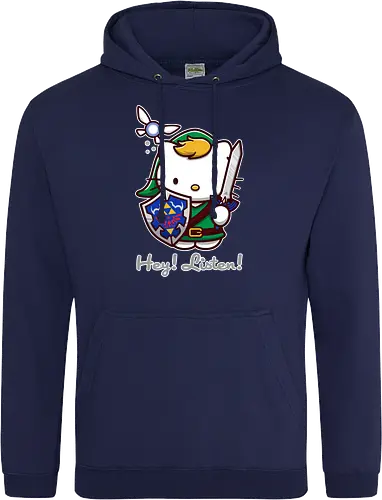 Niedliche Figur als Held mit Magischem Schild - niedliche Figur, ausgerüsteter Held, magischer Schild, Feenbegleiterin, glänzendes Schwert, Kawaii-Mashup, episches Abenteuer, Cat, legend, Hero of Time, Navi, Hey Listen, Sanrio, Ocarina, bunte Fantasie, fliegende magische Kreatur, Vektorillustration, grüner Helm, entzückender Krieger, Dreieckssymbol, Warnphrase, nostalgischer Gamer-Stil - Standard Hoodie