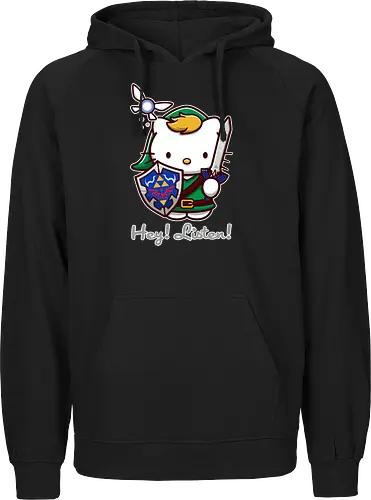 Niedliche Figur als Held mit Magischem Schild - niedliche Figur, ausgerüsteter Held, magischer Schild, Feenbegleiterin, glänzendes Schwert, Kawaii-Mashup, episches Abenteuer, Cat, legend, Hero of Time, Navi, Hey Listen, Sanrio, Ocarina, bunte Fantasie, fliegende magische Kreatur, Vektorillustration, grüner Helm, entzückender Krieger, Dreieckssymbol, Warnphrase, nostalgischer Gamer-Stil - Fairtrade Hoodie