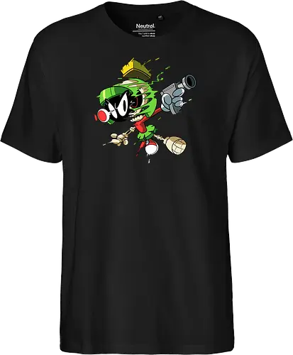 Freaky Grüner Marsianer Horror - Underground Alien Cartoon Kunst - grüner Marsianer Horror, Alien Cartoon Freaky, grünes Marsianer Skelett, rotes hypnotisches Auge Cartoon, Marvin the Martian, horror, schmelzendes grünes Schleim, Underground Alien Kunst, Alien Horror Geek Druck, Zombie Marsianer Waffe, römischer Helm Cartoon Horror, alternative Alien Kunst, Weltraum Cartoon Horror, urbaner Alien Geek Druck, Marsianer Pop Art Horror, Alien Charakter Horror, dunkler Alien Cartoon - Fairtrade T-Shirt