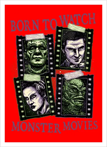 Born to watch monster movies - Horror, horror movies, classic horror, classic, monsters, creature, Halloween - Kunstdruck