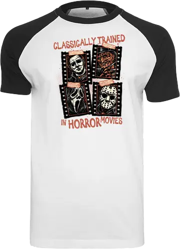 Classically Trained in Horror Movies - Horror, horror movies, classic horror, classic, villain, Halloween - Raglan T-Shirt