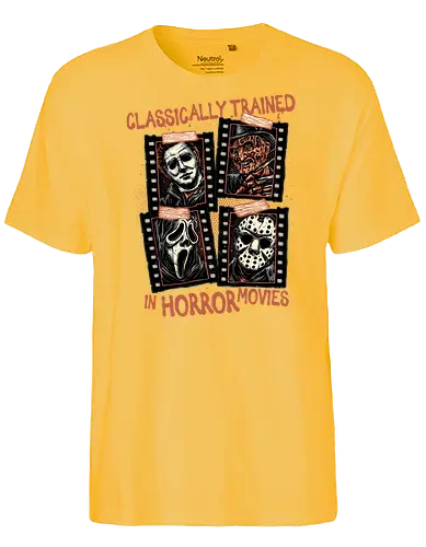 Classically Trained in Horror Movies - Horror, horror movies, classic horror, classic, villain, Halloween - Fairtrade T-Shirt