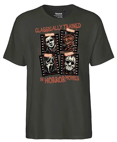 Classically Trained in Horror Movies - Horror, horror movies, classic horror, classic, villain, Halloween - Fairtrade T-Shirt