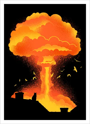 Cataclysm - cat, animal, apocalypse, atomic bomb, cat lover, cats, cute, funny, humor, kitty, nuclear bomb, nuke, pet, sarcasm, cataclysm - Kunstdruck