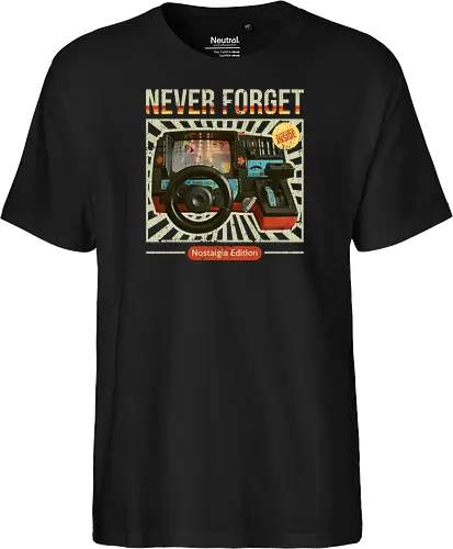 Never Forget - 80s Car Racing Simulator - 80s, 80s kid, 80s toys, childhood, childhood games, childhood memories, never forget, nostalgia, retro, retro style, toys, vintage, 80s aesthetic, 80s retro, nostalgia lover - Fairtrade T-Shirt