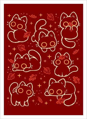 Cute Black Cats with Autumn Leaves - autumn cat, cute black cat, autumn, autumn leaves, fall, warm, cozy, hygge, kitty, october, love, pattern, seamless, nature, xmorfina - Kunstdruck