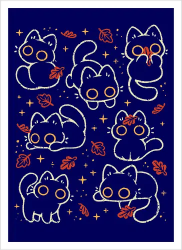 Cute Black Cats with Autumn Leaves - autumn cat, cute black cat, autumn, autumn leaves, fall, warm, cozy, hygge, kitty, october, love, pattern, seamless, nature, xmorfina - Kunstdruck