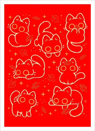 Cute Black Cats with Autumn Leaves - autumn cat, cute black cat, autumn, autumn leaves, fall, warm, cozy, hygge, kitty, october, love, pattern, seamless, nature, xmorfina - Kunstdruck