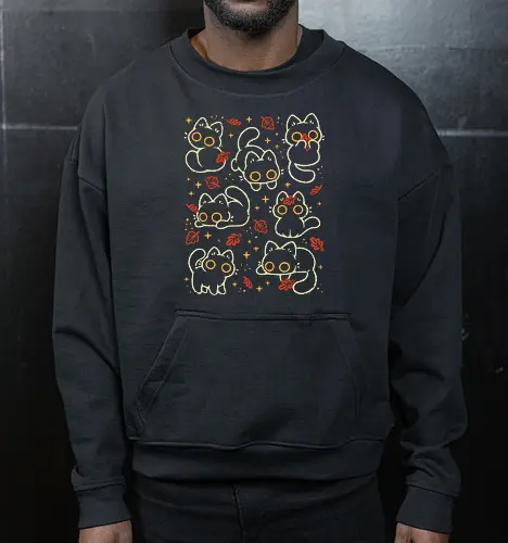 Cute Black Cats with Autumn Leaves - autumn cat, cute black cat, autumn, autumn leaves, fall, warm, cozy, hygge, kitty, october, love, pattern, seamless, nature, xmorfina - Cropped Sweatshirt