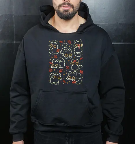 Cute Black Cats with Autumn Leaves - autumn cat, cute black cat, autumn, autumn leaves, fall, warm, cozy, hygge, kitty, october, love, pattern, seamless, nature, xmorfina - Cropped Hoodie