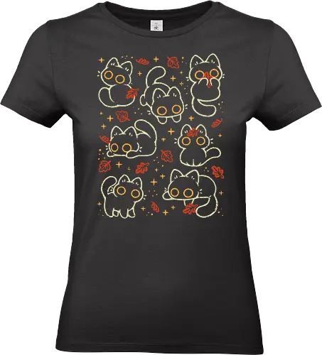 Cute Black Cats with Autumn Leaves - autumn cat, cute black cat, autumn, autumn leaves, fall, warm, cozy, hygge, kitty, october, love, pattern, seamless, nature, xmorfina - Standard T-Shirt (Frauen)
