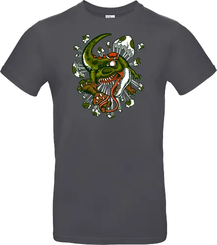 Wildes Reptil Verschlingt Niedliche Kreatur in Düsterer Kunst - wildes Reptil, verschlungene Kreatur, düstere Kunst, Old-School-Tattoo, grünes Monster, Eierschalen, scharfe Zähne, bedrohliche Krallen, Dino, Goomba, Mario, Super Mario World, old school, gamer, geek, Mario Bros, Villain, dark, lange Zunge, grotesque Illustration, Underground-Stil, mutierte Kreatur, monströser Dinosaurier, alternative Kunst, düstere Neuinterpretation - Standard T-Shirt