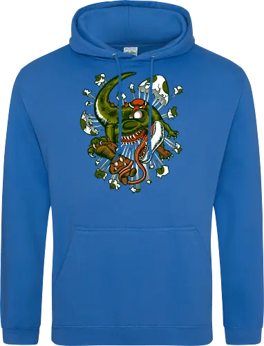 Wildes Reptil Verschlingt Niedliche Kreatur in Düsterer Kunst - wildes Reptil, verschlungene Kreatur, düstere Kunst, Old-School-Tattoo, grünes Monster, Eierschalen, scharfe Zähne, bedrohliche Krallen, Dino, Goomba, Mario, Super Mario World, old school, gamer, geek, Mario Bros, Villain, dark, lange Zunge, grotesque Illustration, Underground-Stil, mutierte Kreatur, monströser Dinosaurier, alternative Kunst, düstere Neuinterpretation - Standard Hoodie