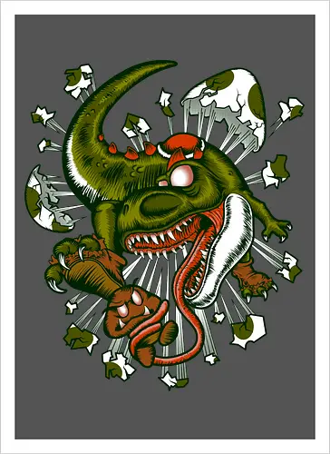 Wildes Reptil Verschlingt Niedliche Kreatur in Düsterer Kunst - wildes Reptil, verschlungene Kreatur, düstere Kunst, Old-School-Tattoo, grünes Monster, Eierschalen, scharfe Zähne, bedrohliche Krallen, Dino, Goomba, Mario, Super Mario World, old school, gamer, geek, Mario Bros, Villain, dark, lange Zunge, grotesque Illustration, Underground-Stil, mutierte Kreatur, monströser Dinosaurier, alternative Kunst, düstere Neuinterpretation - Kunstdruck